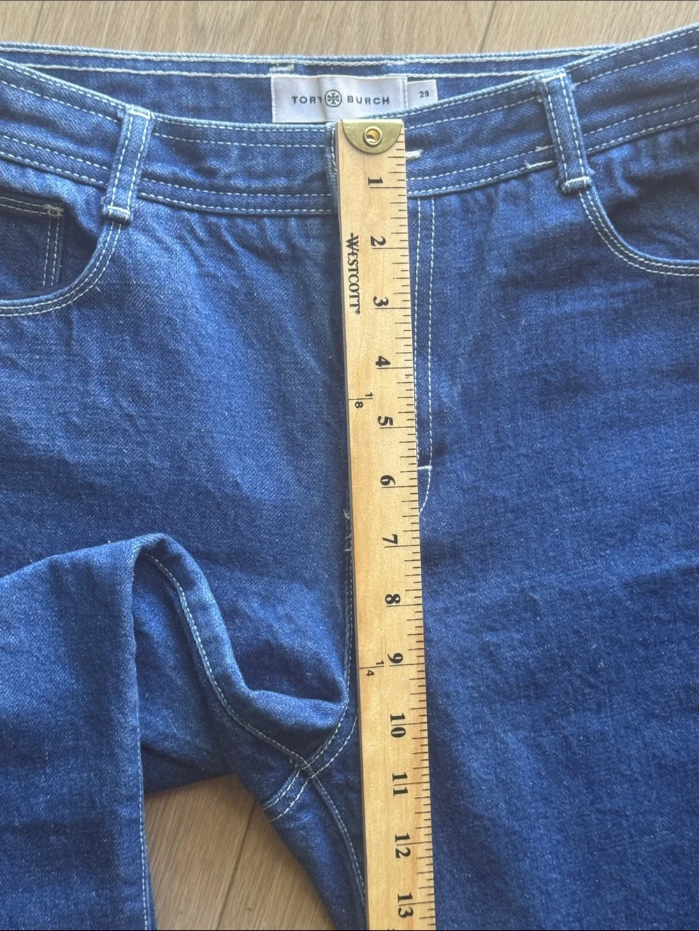 Tory Burch Cropped Straight Leg Denim Jeans Embroidered Pockets Size 29